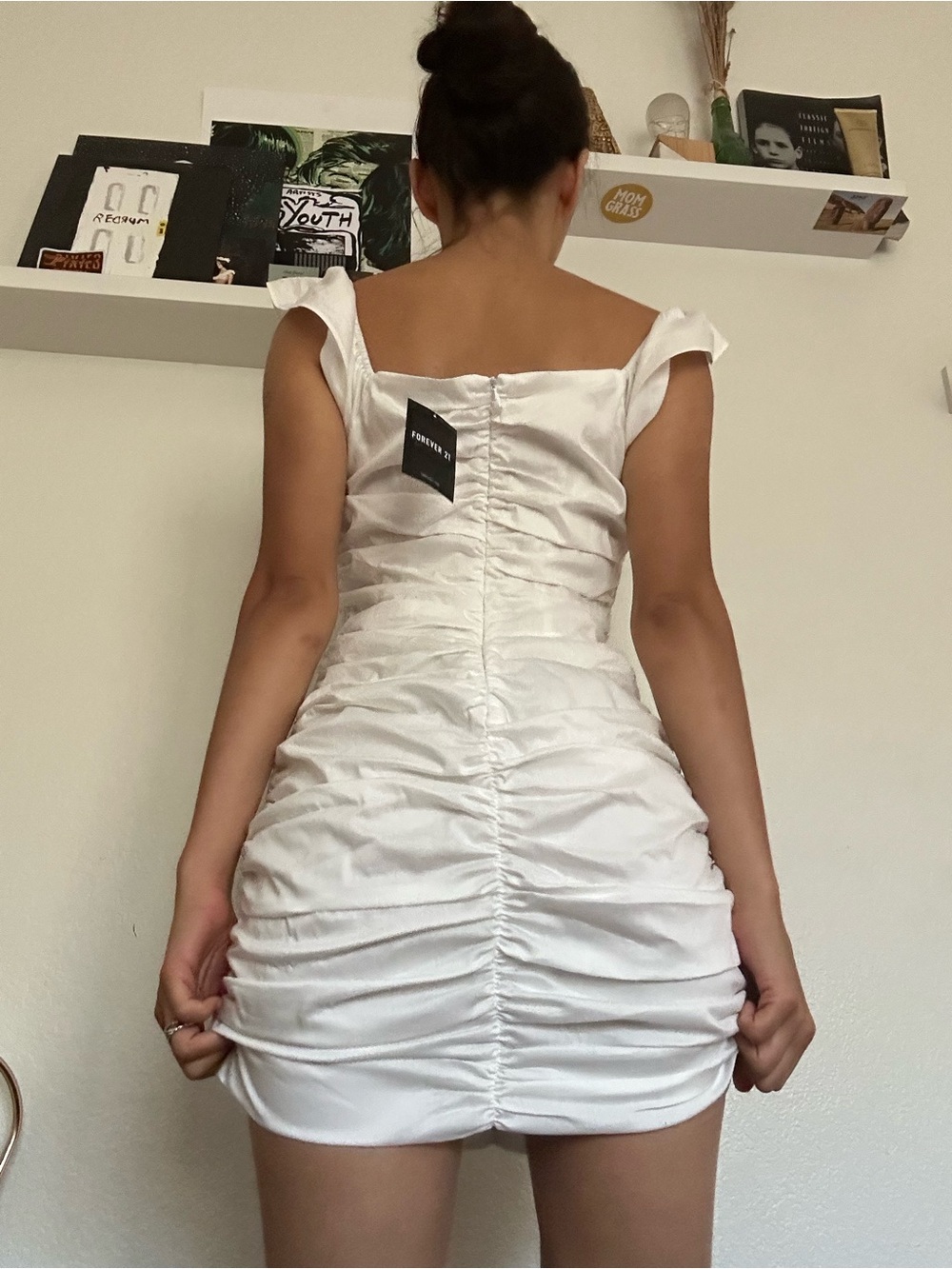 White Ruched Satin Mini Dress - Feminine Evening Dress
